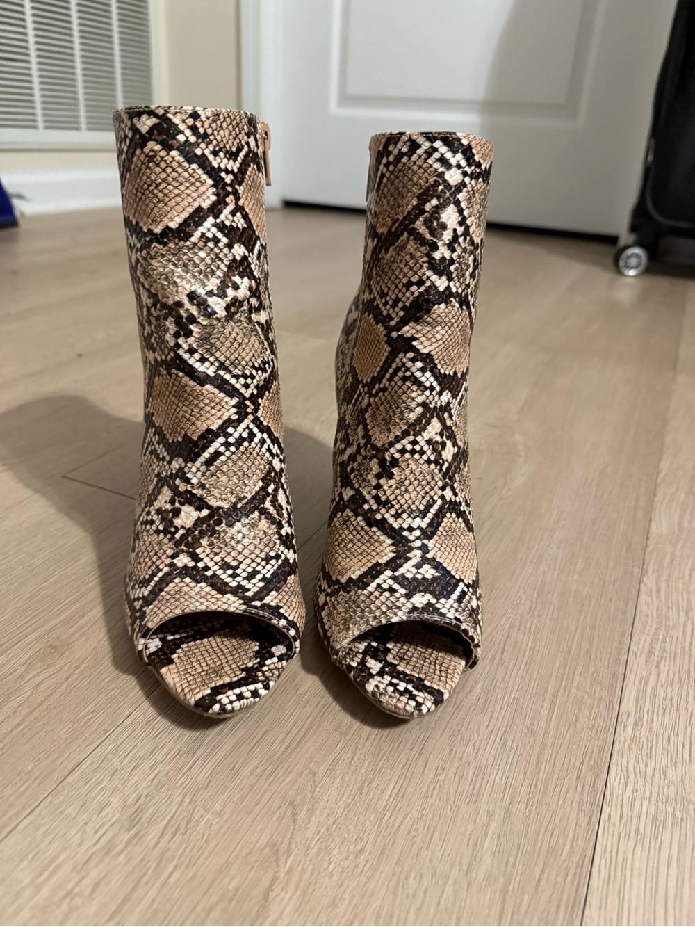 Fashion Nova Tan and Black Snake-Print Peep-Toe Ankle Boots